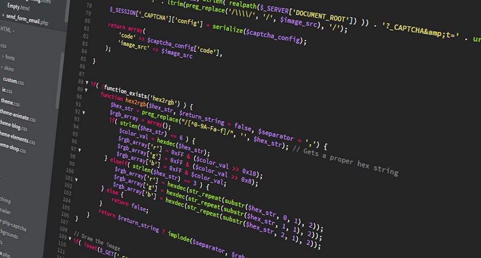 Close-up image of a computer screen displaying lines of source code in a text editor. The code features various syntax elements highlighted in different colors, including green, orange, purple, and ye